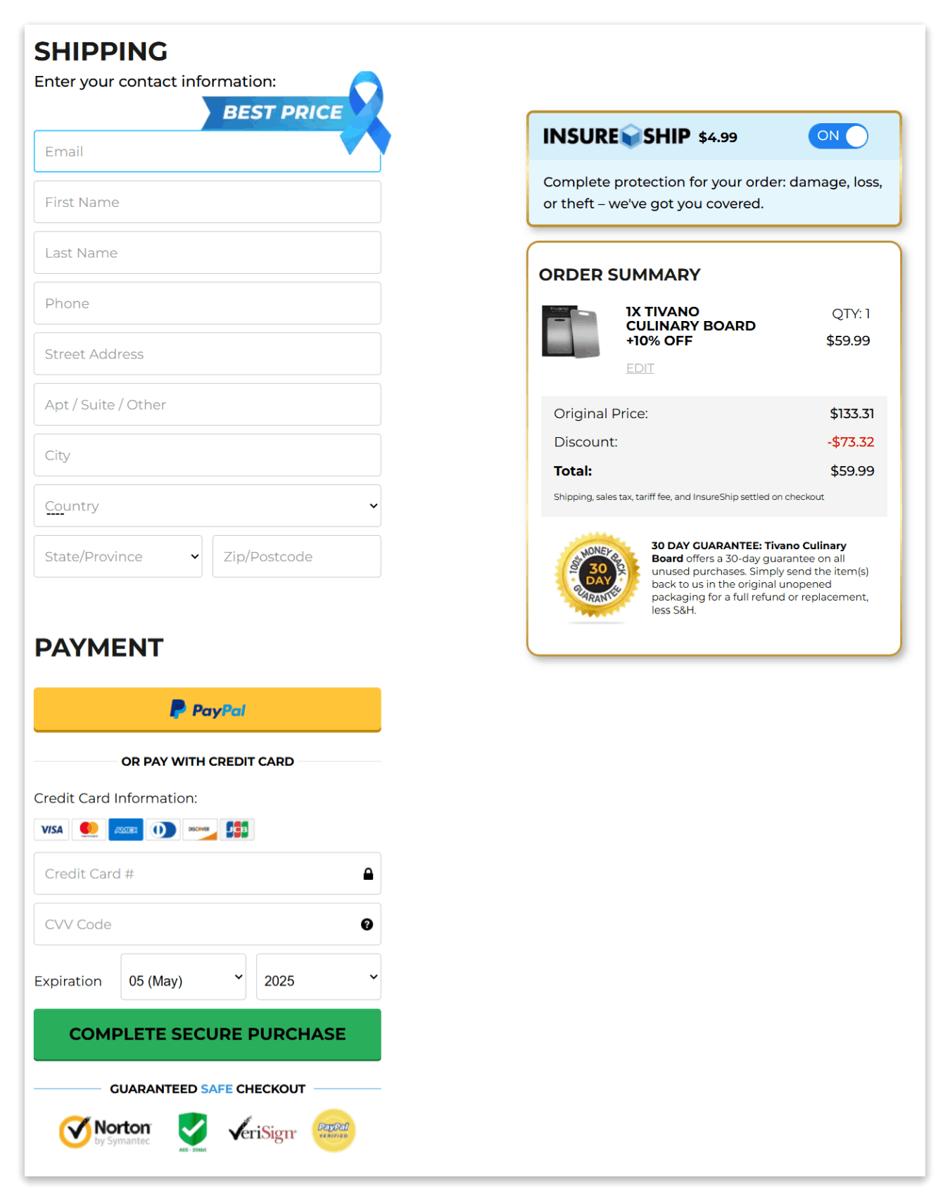 Tivano Cutting Board checkout page